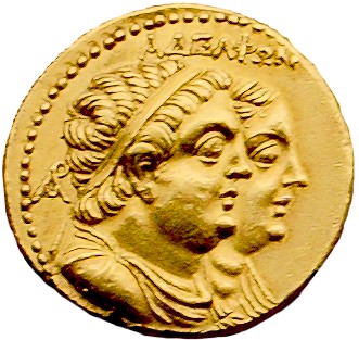 Oktadrachmon Ptolemy II philadelphus 285-246 and Arsinoe II gold oktodrachm Pergamon Museum Berlin Photo by Matthias Kabel
